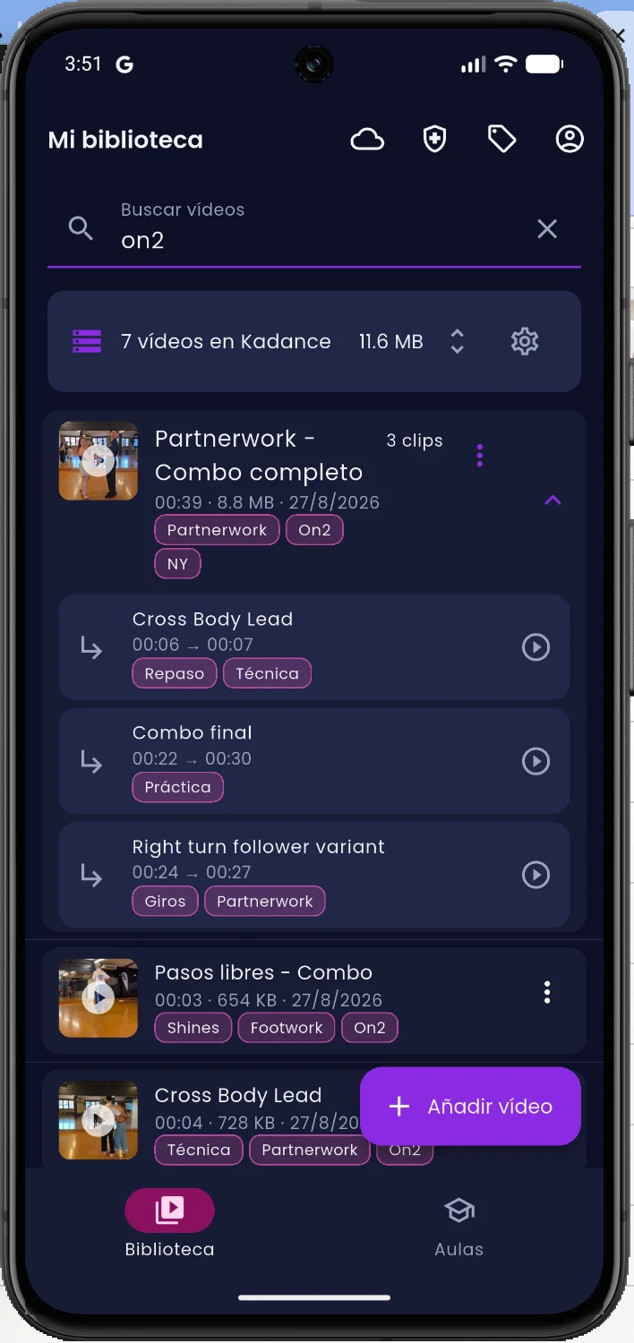 Kadance library showing a salsa video organized into three clips