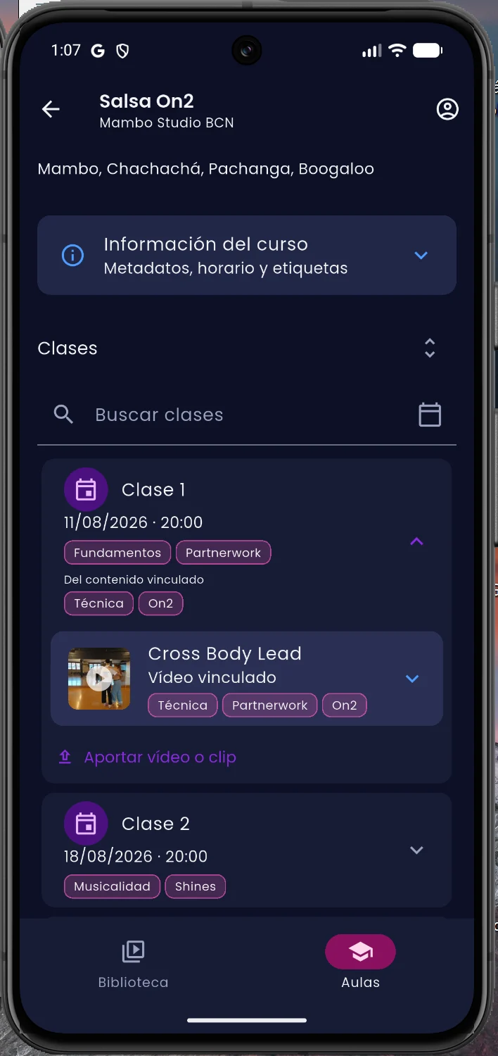 Salsa course detail with classes and linked content
